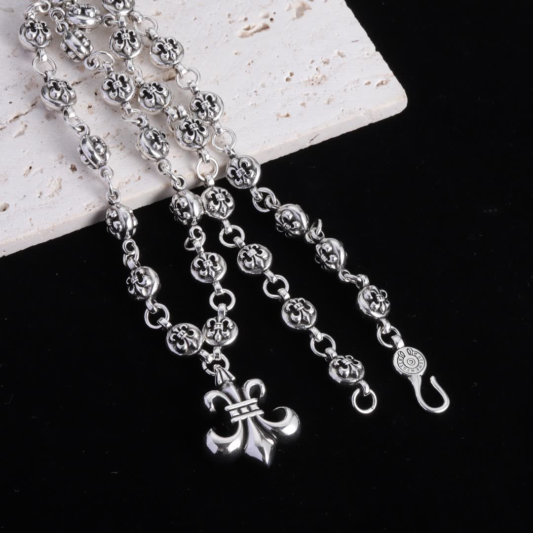 Chrome Hearts Sterling Silver Fleur-de-lis Rosary Necklace